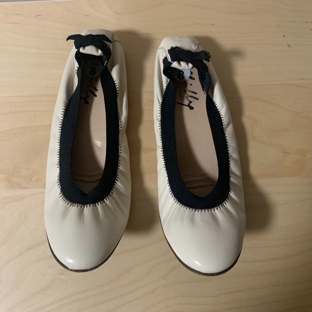 Milly Italian Leather Cream Black Ballet Flats Size 8 , 38 Coquette